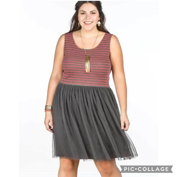 Matilda Jane Women Large Twas The Night Tank Dress Gray Tulle Pink Striped Party